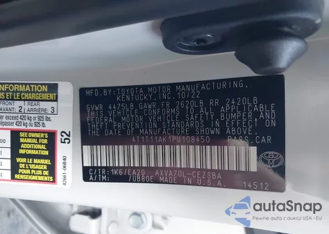 2023 Toyota Camry Se from USA, damaged, VIN 4T1T11AK1PU108450